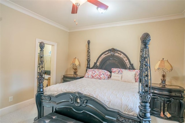 bedroom featuring carpet flooring, ceiling fan, and crown molding