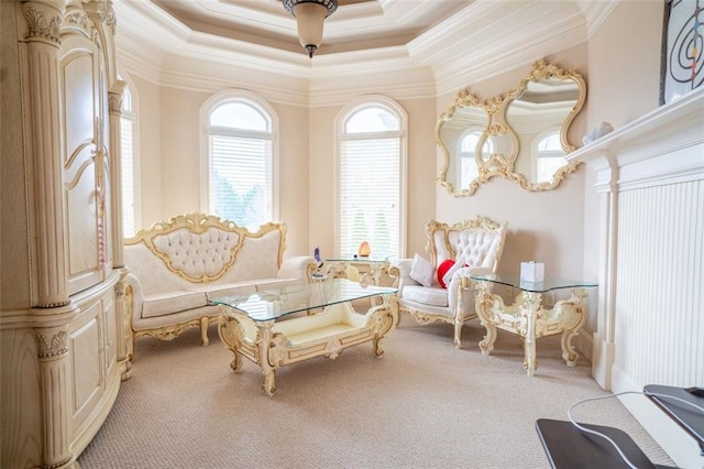 sitting room with carpet, a raised ceiling, and crown molding