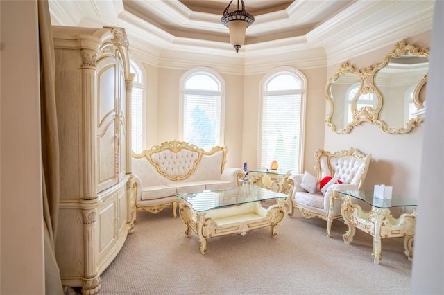 living area with carpet, a tray ceiling, and crown molding