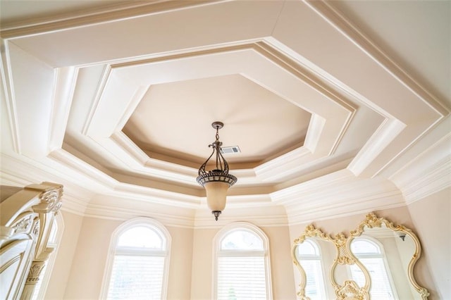 interior details featuring ornamental molding and a tray ceiling