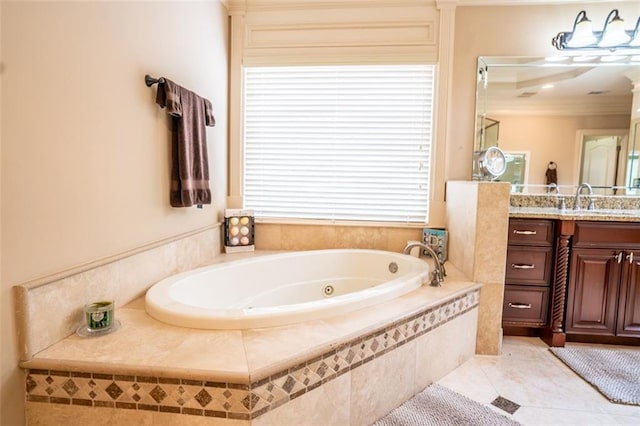 bathroom featuring tile patterned flooring, plenty of natural light, crown molding, and tiled bath