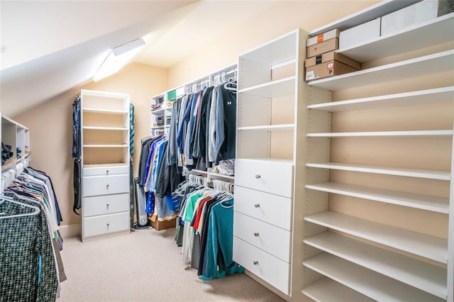 spacious closet featuring light colored carpet