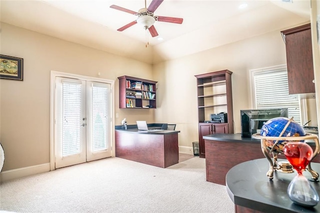 office area featuring french doors, light colored carpet, and plenty of natural light