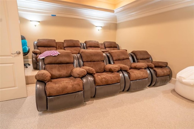 home theater room featuring carpet flooring, a raised ceiling, and crown molding