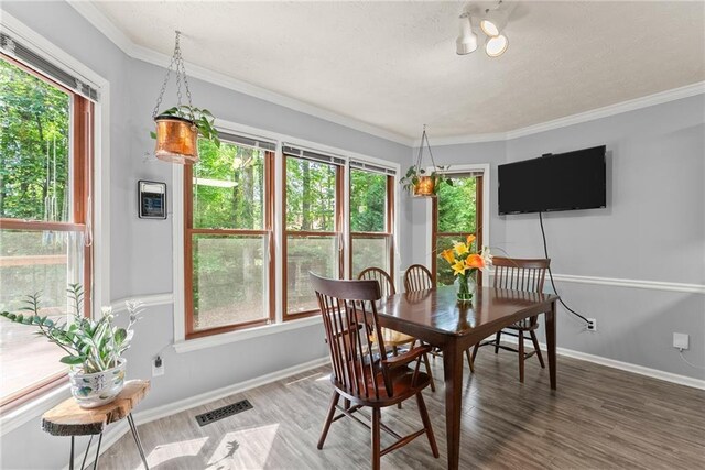 1172 Malvern Hunt Ct, Lawrenceville, GA 30043 - dining area featuring baseboards, plenty of natural light, wood finished floors, a textured ceiling, and crown molding