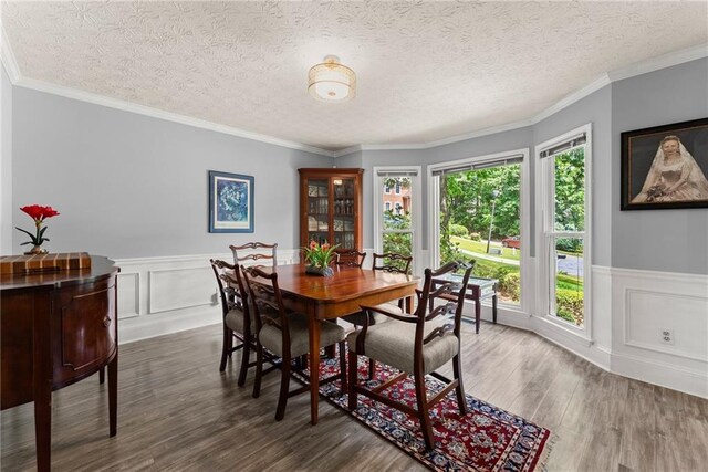 1172 Malvern Hunt Ct, Lawrenceville, GA 30043 - dining area with dark wood-type flooring, wainscoting, a decorative wall, a textured ceiling, and ornamental molding
