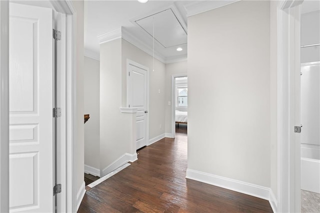 4458 Dunblane Ave, Sugar Hill, GA 30518 - corridor with attic access, crown molding, dark wood-style floors, and recessed lighting