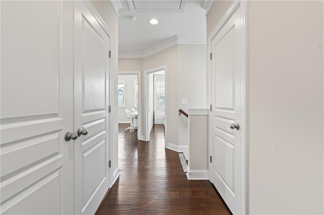 4458 Dunblane Ave, Sugar Hill, GA 30518 - hallway with attic access, dark wood-style flooring, and ornamental molding