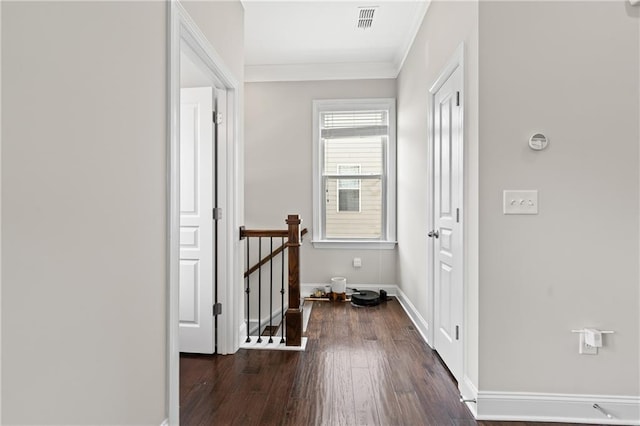 4458 Dunblane Ave, Sugar Hill, GA 30518 - hall with an upstairs landing, ornamental molding, and dark wood-style floors