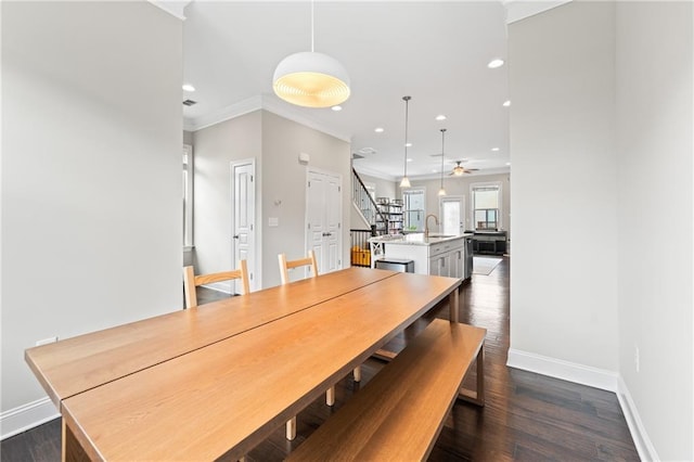 4458 Dunblane Ave, Sugar Hill, GA 30518 - dining space with stairs, recessed lighting, crown molding, dark wood-style flooring, and a ceiling fan