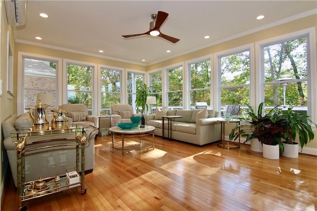 6765 Crofton Dr, Alpharetta, GA 30005 - sunroom with wood-type flooring, a wooden deck, crown molding, and recessed lighting