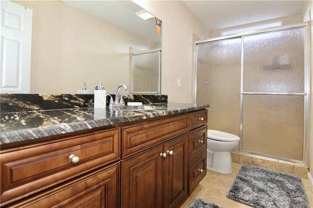 6765 Crofton Dr, Alpharetta, GA 30005 - bathroom with tile patterned flooring, vanity, toilet, and a stall shower