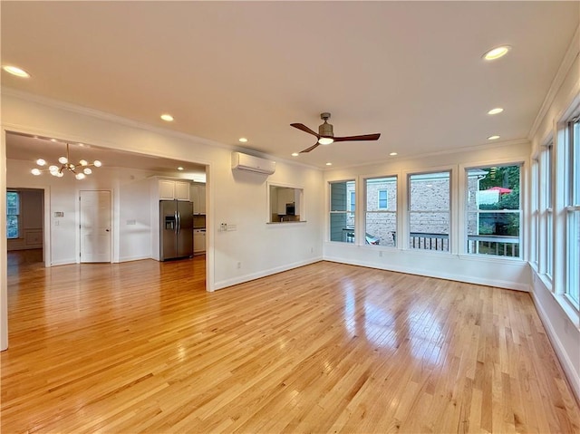6765 Crofton Dr, Alpharetta, GA 30005 - unfurnished living room with an AC wall unit, ornamental molding, light wood-style flooring, baseboards, and a chandelier