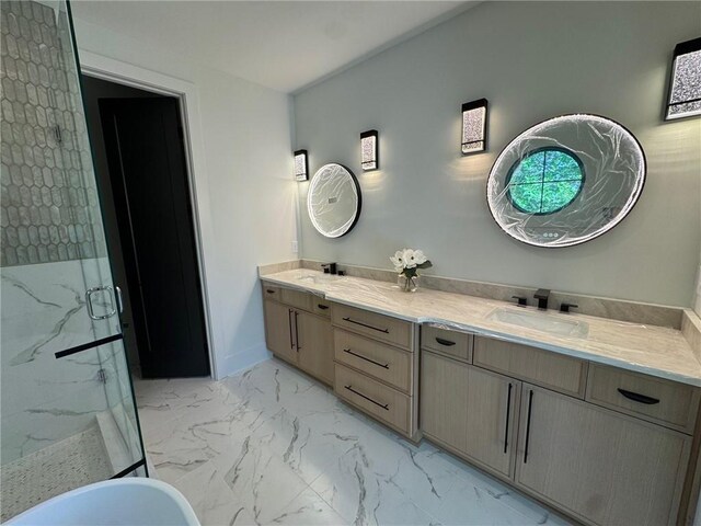 3960 Clairmont Rd Unit 2, Chamblee, GA 30341 - bathroom featuring marble look tiles, a marble finish shower, double vanity, and baseboards