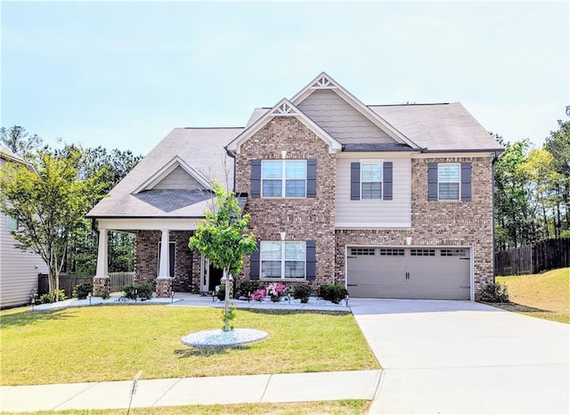 craftsman-style house featuring brick siding, concrete driveway, and a garage