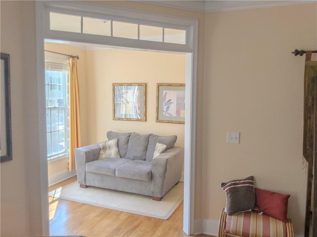 living area featuring ornamental molding, wood finished floors, and baseboards