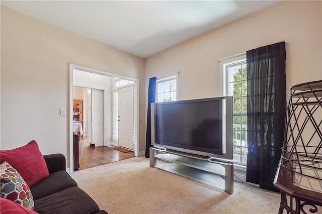 living room featuring carpet flooring and baseboards