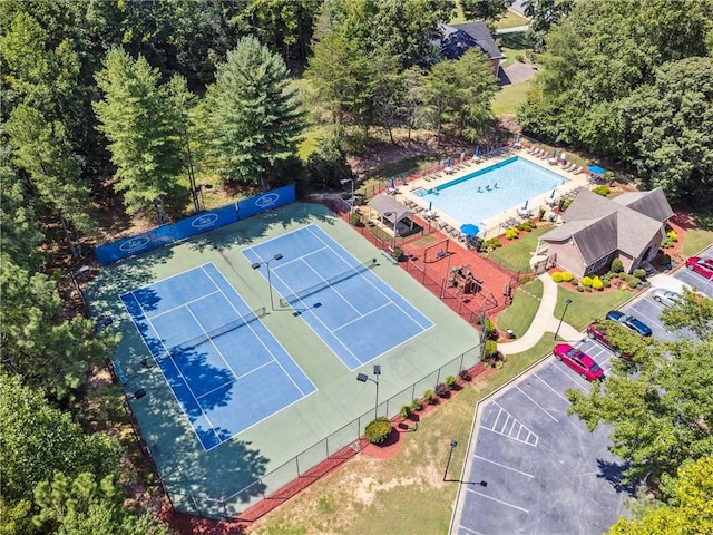 drone / aerial view of a pool