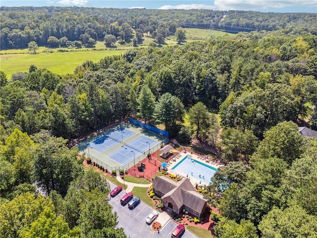 bird's eye view of a forest and a pool