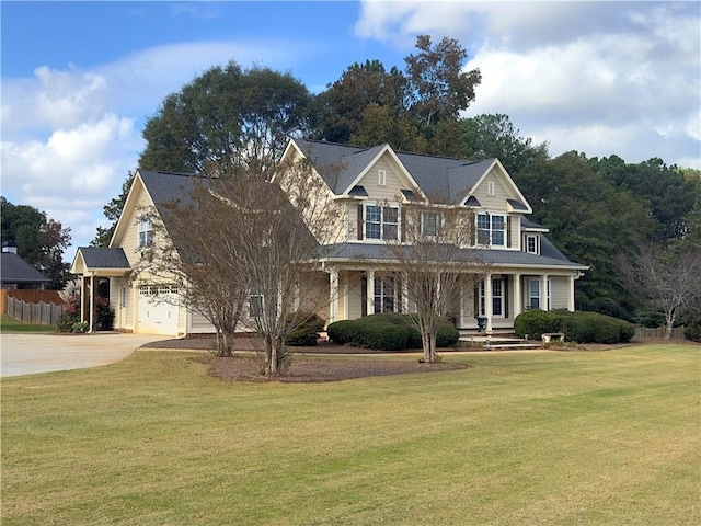 view of front of home featuring a garage, concrete driveway, a front lawn, and fence