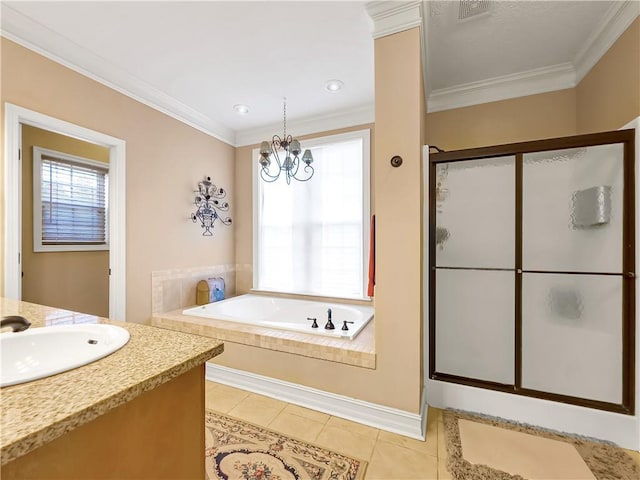 full bath with a garden tub, tile patterned flooring, vanity, a stall shower, and crown molding