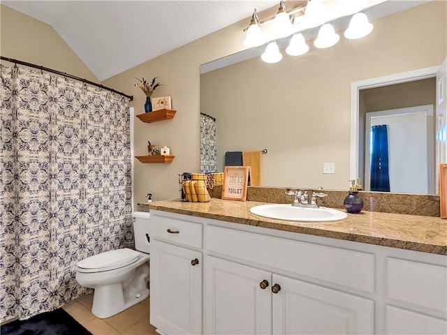 full bathroom with lofted ceiling, tile patterned flooring, vanity, and toilet