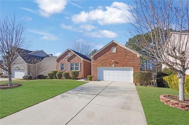 view of front facade featuring a garage, concrete driveway, brick siding, and a front yard