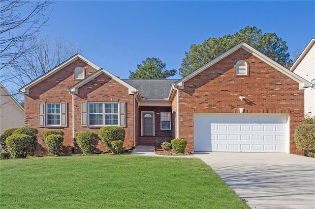 view of front of property featuring driveway, a garage, a front lawn, and brick siding