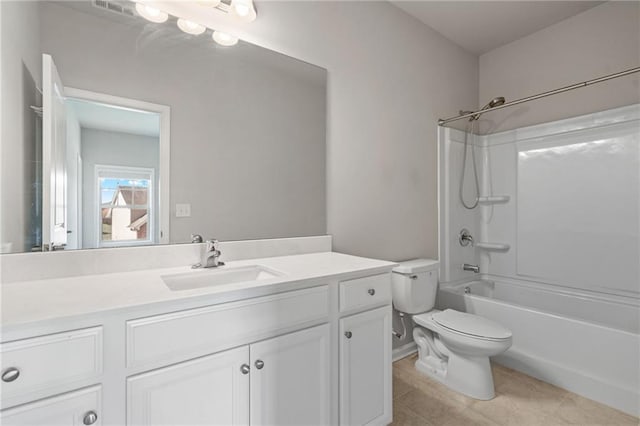 full bathroom with vanity, toilet, tile patterned floors, shower / bathing tub combination, and visible vents