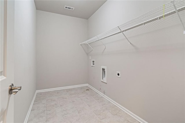 laundry area featuring washer hookup, laundry area, baseboards, electric dryer hookup, and visible vents