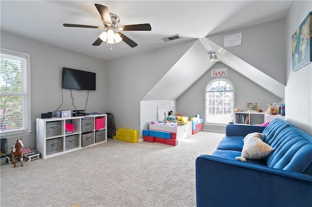 325 Stonecastle Pass, South Fulton, GA 30331 - game room with carpet flooring, lofted ceiling, visible vents, and a ceiling fan