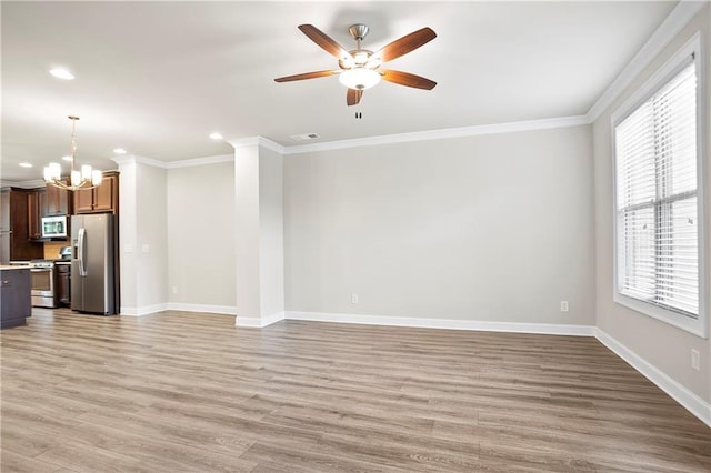 3657 Atherton Park Ct, Suwanee, GA 30024 - unfurnished living room with ornamental molding, a chandelier, light wood-style flooring, ceiling fan, and recessed lighting