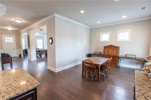 6390 Yellow Birch St, Cumming, GA 30040 - dining room featuring ornamental molding, dark wood-style floors, baseboards, recessed lighting, and billiards table
