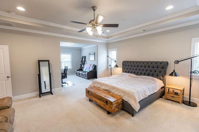 6390 Yellow Birch St, Cumming, GA 30040 - bedroom featuring light carpet, baseboards, crown molding, a tray ceiling, and recessed lighting