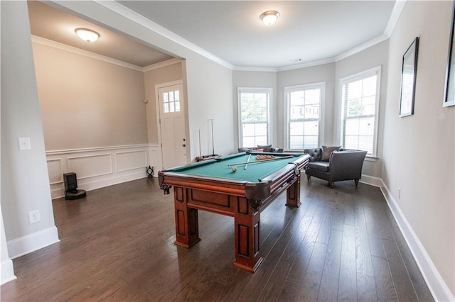 6390 Yellow Birch St, Cumming, GA 30040 - game room featuring billiards table, dark wood finished floors, baseboards, crown molding, and a wainscoted wall