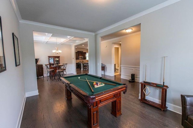 6390 Yellow Birch St, Cumming, GA 30040 - game room featuring a chandelier, wood finished floors, billiards table, crown molding, and wainscoting