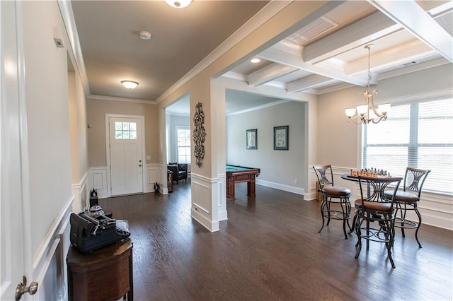 6390 Yellow Birch St, Cumming, GA 30040 - entrance foyer featuring billiards table, dark wood finished floors, ornamental molding, beamed ceiling, and a wainscoted wall