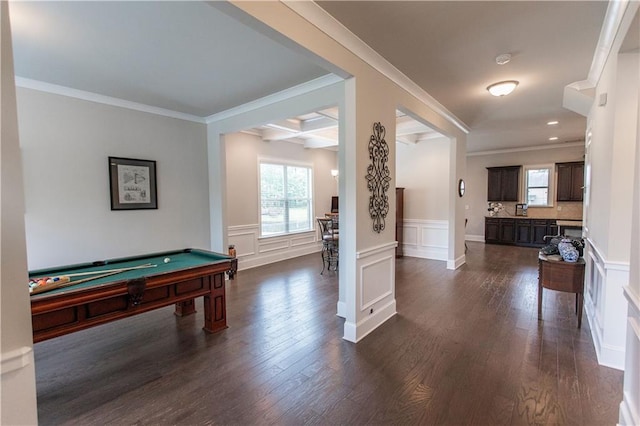 6390 Yellow Birch St, Cumming, GA 30040 - game room featuring plenty of natural light, billiards table, dark wood finished floors, crown molding, and a decorative wall