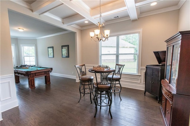6390 Yellow Birch St, Cumming, GA 30040 - dining room featuring dark wood finished floors, coffered ceiling, beamed ceiling, billiards table, and wainscoting