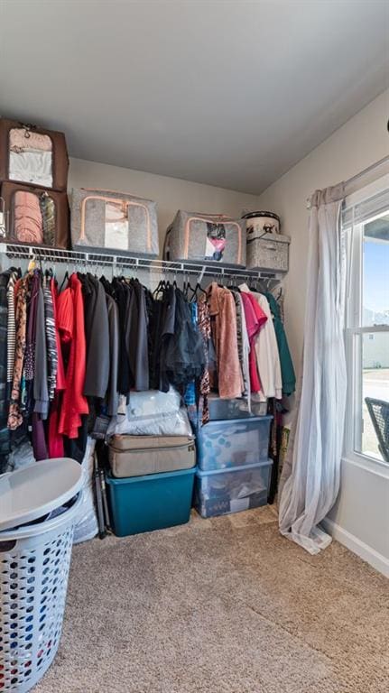 spacious closet with lofted ceiling and carpet