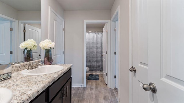 bathroom featuring hardwood / wood-style floors, vanity, toilet, and a shower with shower curtain