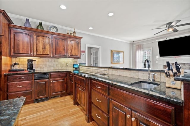 19 Spring Lake Trl NE, White, GA 30184 - kitchen with a sink, ceiling fan, crown molding, dark stone counters, and decorative backsplash