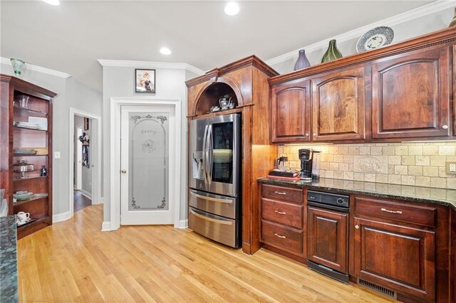 19 Spring Lake Trl NE, White, GA 30184 - kitchen with stainless steel fridge with ice dispenser, tasteful backsplash, light wood-style floors, crown molding, and dark stone counters