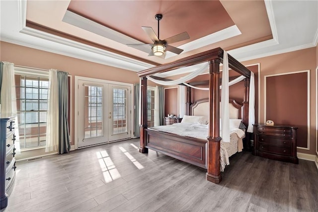 19 Spring Lake Trl NE, White, GA 30184 - bedroom featuring a raised ceiling, french doors, access to outside, ornamental molding, and wood finished floors