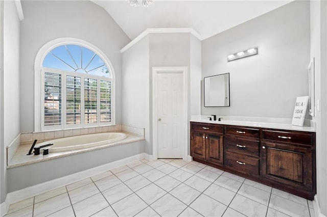 19 Spring Lake Trl NE, White, GA 30184 - bathroom with vanity, a bath, and lofted ceiling