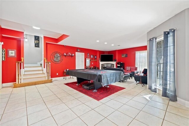 19 Spring Lake Trl NE, White, GA 30184 - recreation room featuring tile patterned flooring, a fireplace, baseboards, and recessed lighting