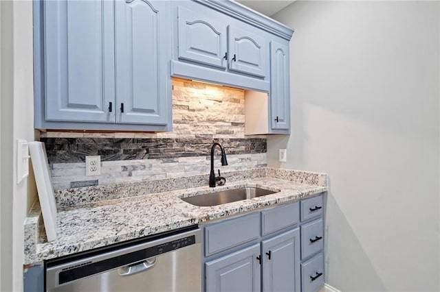 19 Spring Lake Trl NE, White, GA 30184 - kitchen featuring stainless steel dishwasher, a sink, backsplash, and light stone counters