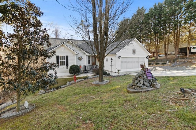 single story home featuring a garage, driveway, and a front lawn