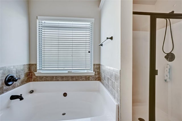 bathroom featuring a shower stall and a bath