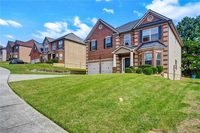 view of front of house with a garage, a residential view, brick siding, and a front yard